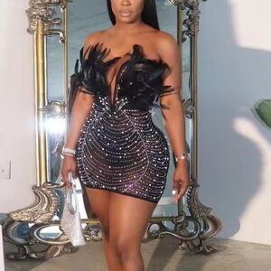 Elegant Black Feathered Mini Dress